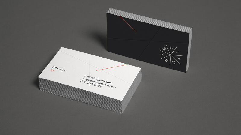Two stacks of Diagram business cards showing the front and back