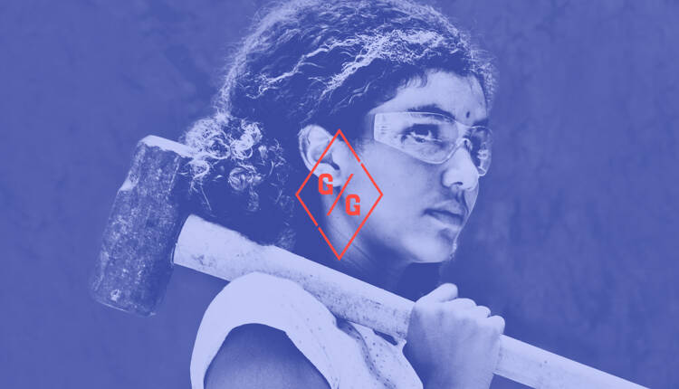 Girls Garage logo overlaid on image of young girl holding a sledge hammer and wearing protective goggles