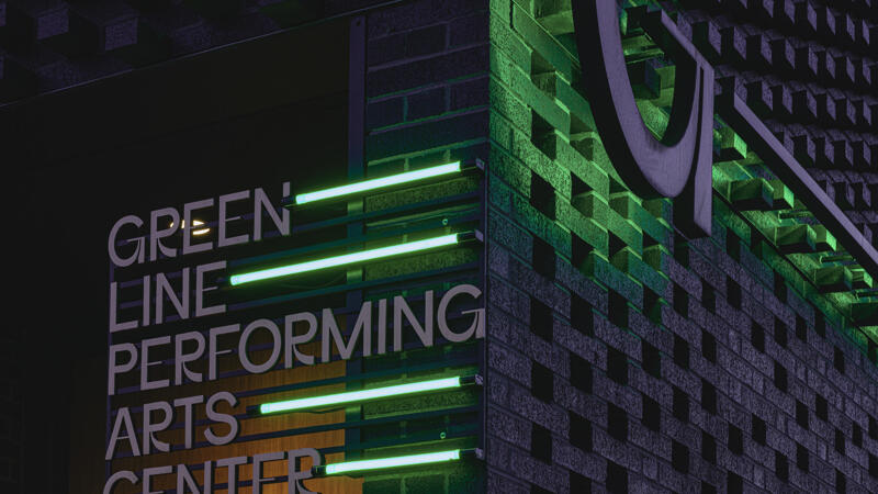 Evening view of Exterior Green Line wordmark signage