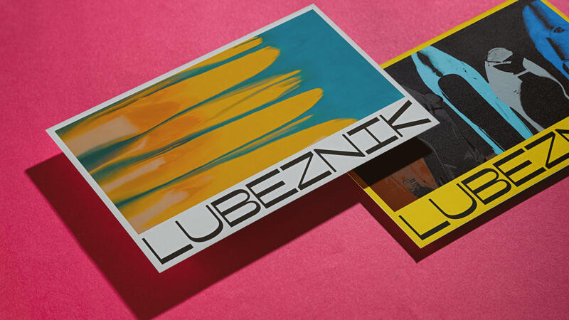 Two postcards on a pink background with the Lubeznik logo